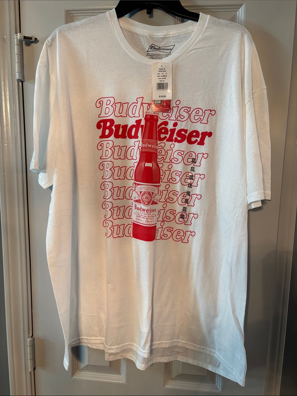 Budweiser White Short-Sleeve Tee with Red Bottle of Bud NWT